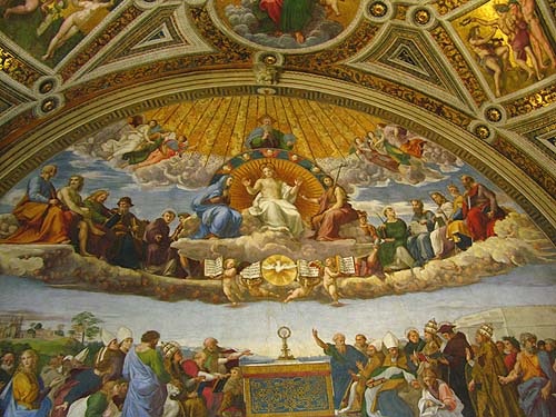 Stanzen des Raffael. Mit dem Fresko Disputa in der Stanza della Segnatura begann Raffael die Ausschmückung der Stanzen. Es war zugleich sein erstes Fresko in Rom